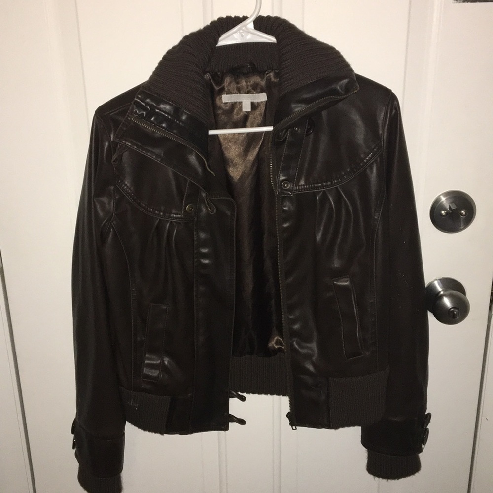 Brown Pleather Bomber Jacket Size S